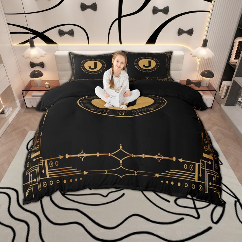 Homewish Black And Gold Duvet Cover Set Monogrammed Bedding Set Personalized Initial Letter Bedroom Set Room Decor