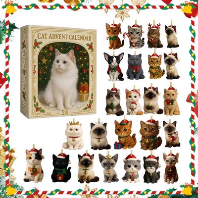 2025 2D Acryl Katze Adventskalender Katzenliebhaber Mystery Box Kätzchen Ornament Anhänger 24 Tage Weihnachts-Countdown Kalender Weihnachtsgeschenk