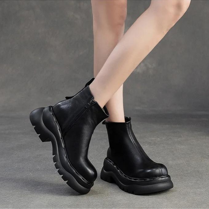 Johnature Genuine Leather Thick Soled Ankle Boots Retro Round Toe Thick Heeled Women's Short Boots