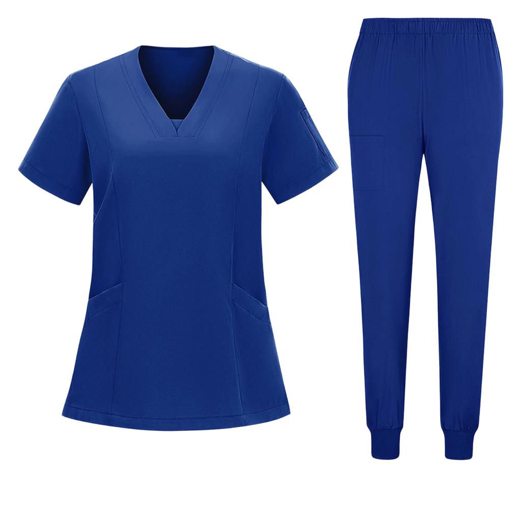 Women's Short Sleeved Color Round Neck Pocket Top Pants Work Clothes Two Piece Set