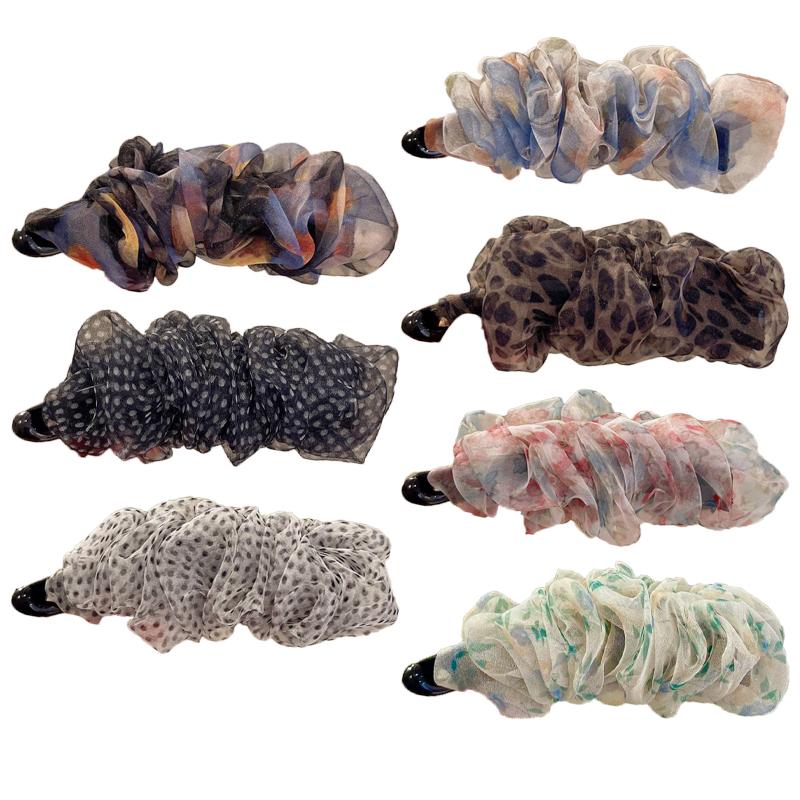 Korean-Style Polka Dot Colour-Block Pleated Printed Mesh Hair Clip For Women Fashionable Banana Clip Hair Accessory