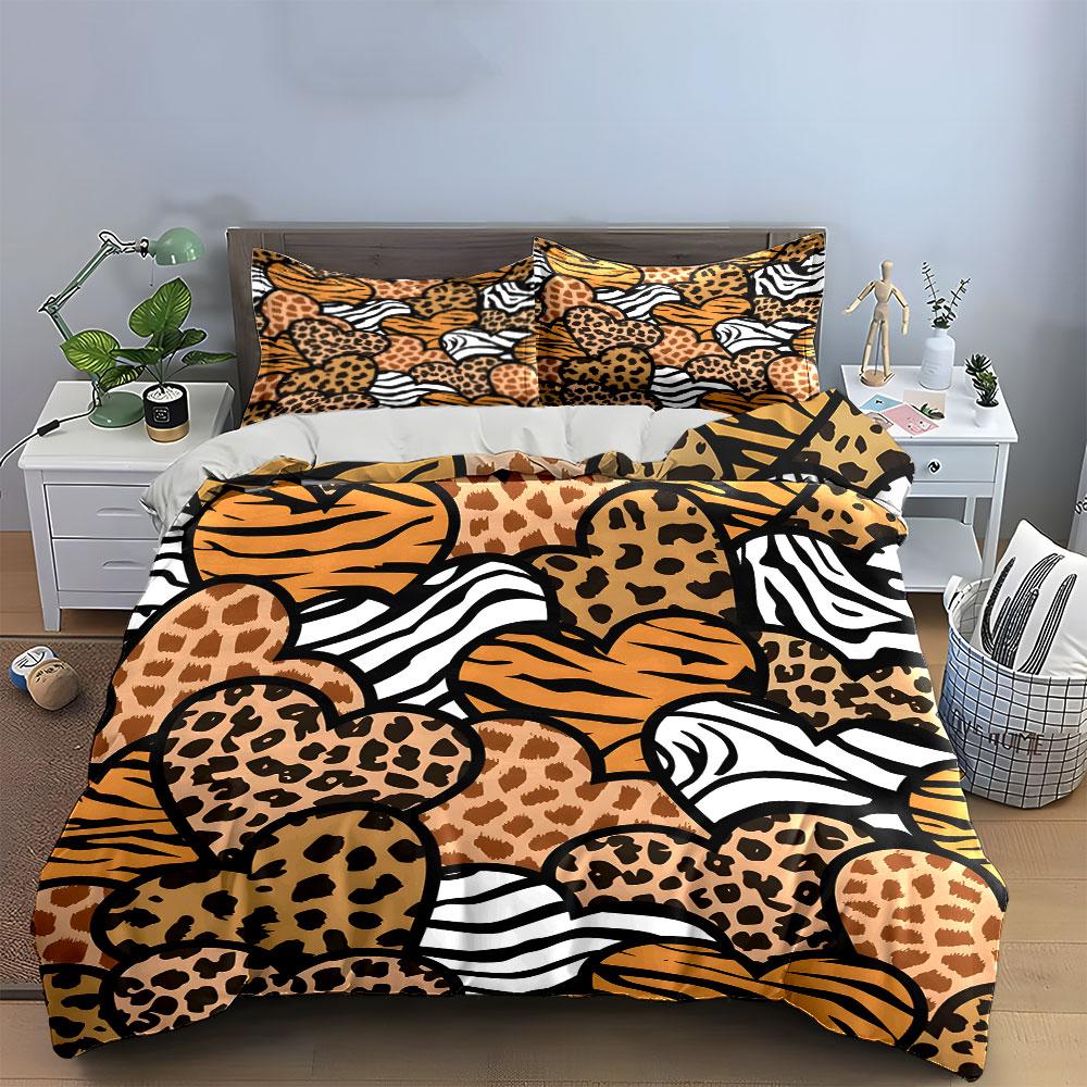 Animal Print Hearts Pattern Set  Kid'S And Adults' Bedroom Decor, Exquisite Three-Piece Bedding Set Gift