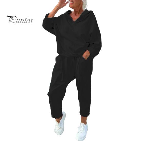 

2 шт./комплект женский весна осень топ брюки комплект с капюшоном однотонный длинный рукав толстовка с капюшоном эластичный пояс шаровары спортивный наряд повседневный спортивный костюм XXXL чёрный