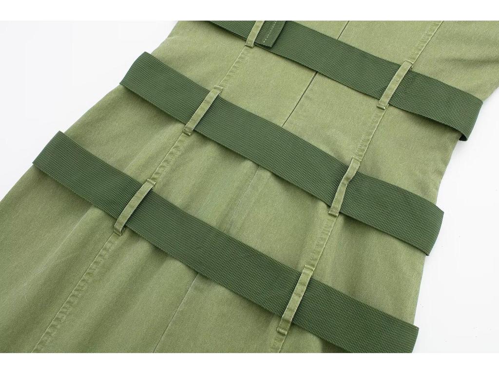 Spring European & American Style Mini Vest Dress with Waist Belt Details