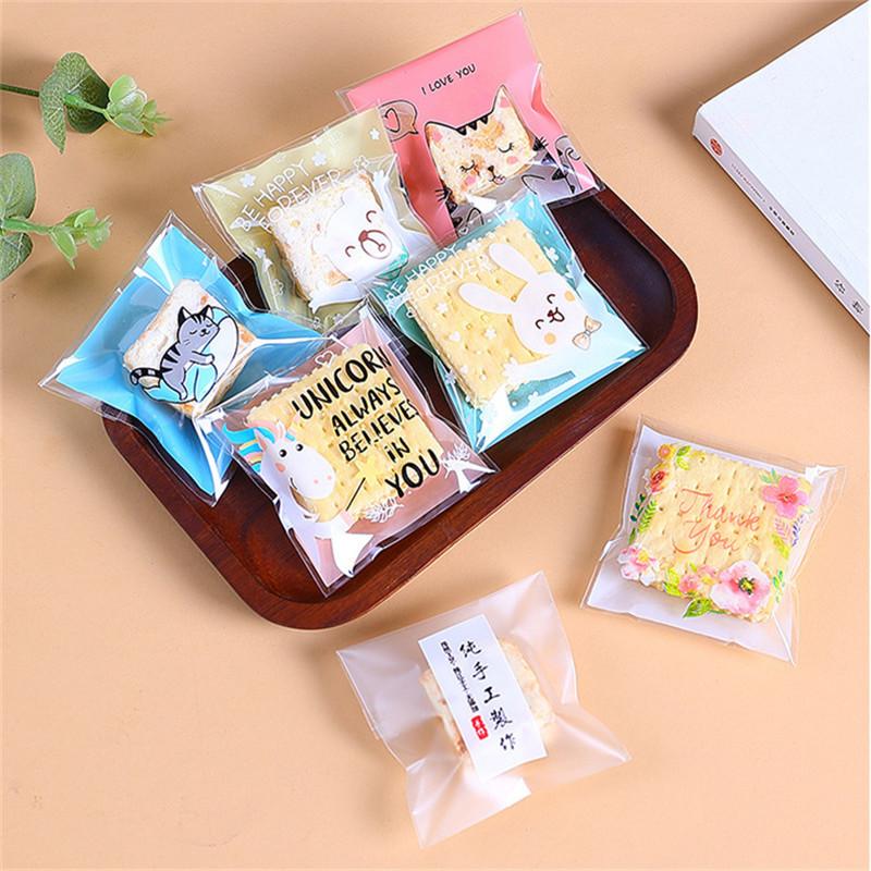 100Pcs 7x7+3cm Small Plastic Cartoon Self-Adhesive Bakery Packaging Cookie Snack Candy Bags Xmas Party Gift
