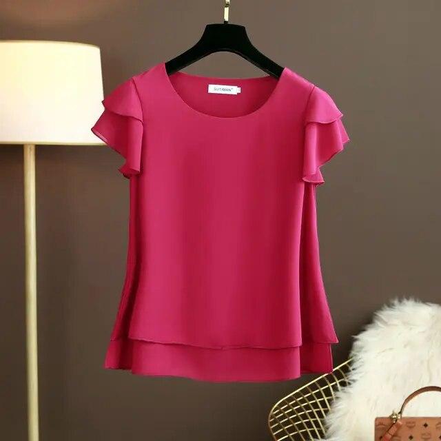 

Летняя свободная и тонкая повседневная блузка большого размера, шифоновый топ с короткими рукавами, белая блузка, зеленые женские топы XL фиолетовый