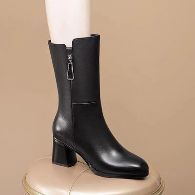 Women Fashion High Quality Spring & Autumn Black Leather Square Heel Boots Botas Femininasl Lady Casual Boots Ab678