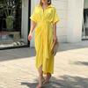 Fashion Elegant Printed Pleated Shirt Dress Women Solid Plus Size Short Sleeve Casual Dress Summer Office Lady Buttons Loose Long Dresses 909