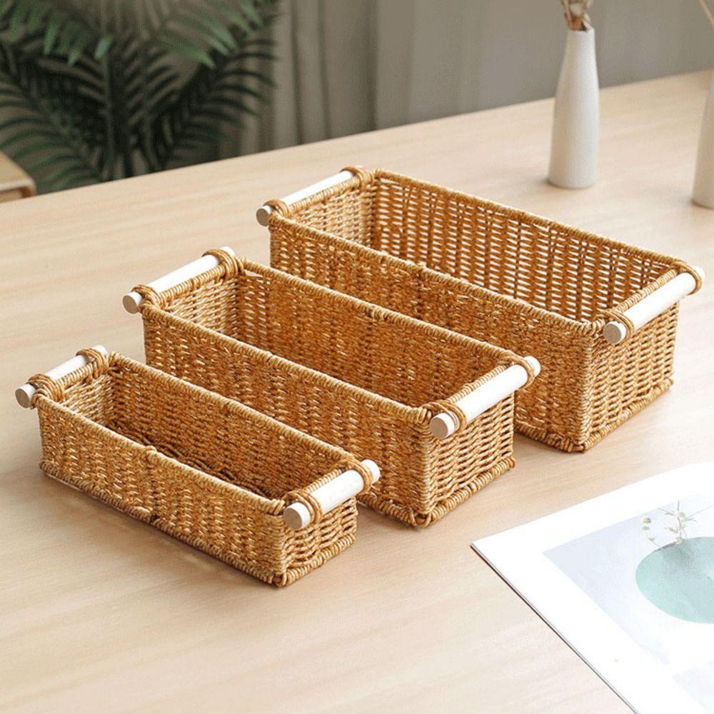 Creative Brown Storage Basket Woven Pattern Wood Handle Organizing Baskets Rectangle Sundries Organizer Bar Organizing
