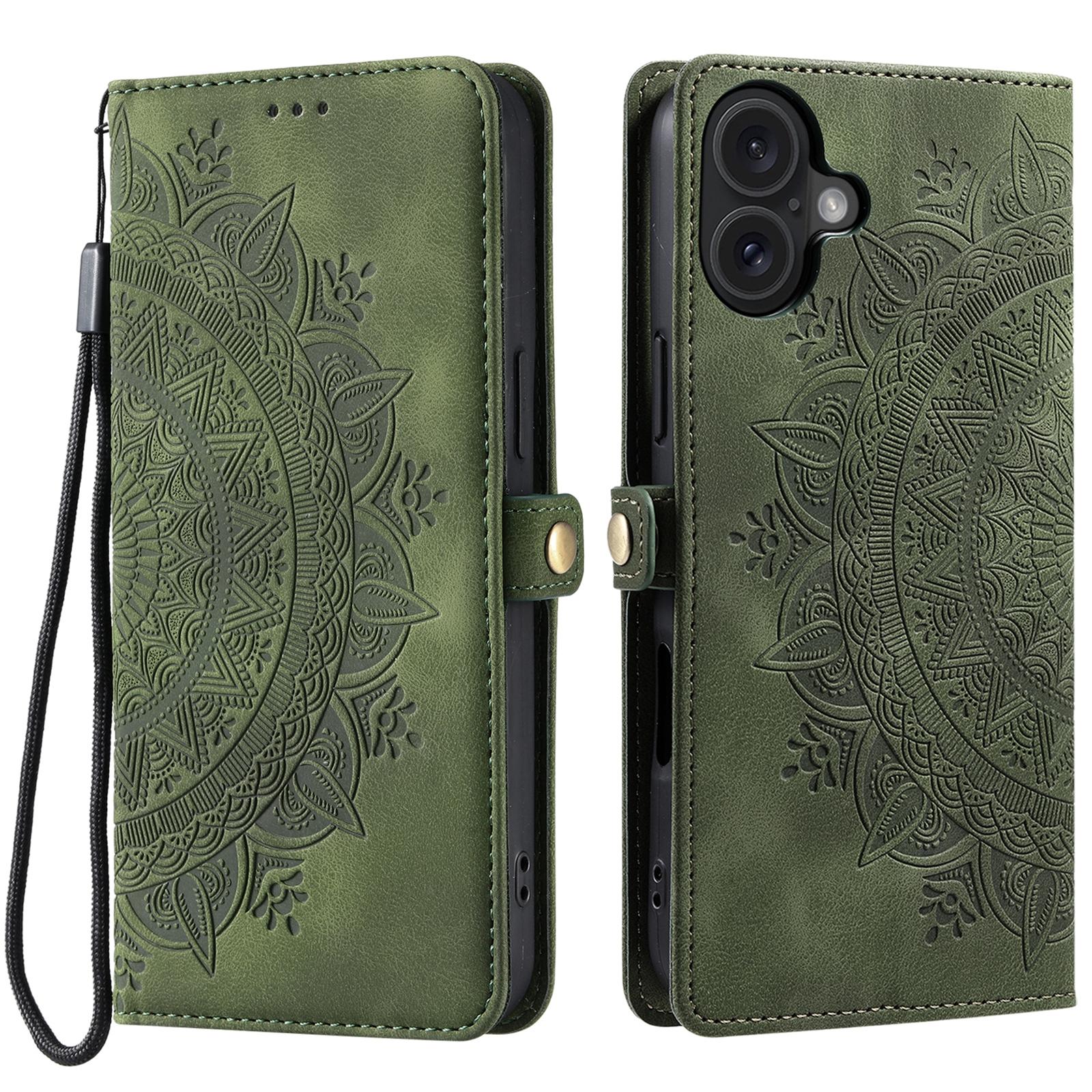 

Style 016 For iPhone 16 Case Skin Feel Totem Imprinted Wallet Leather Phone Cover Blackish Green