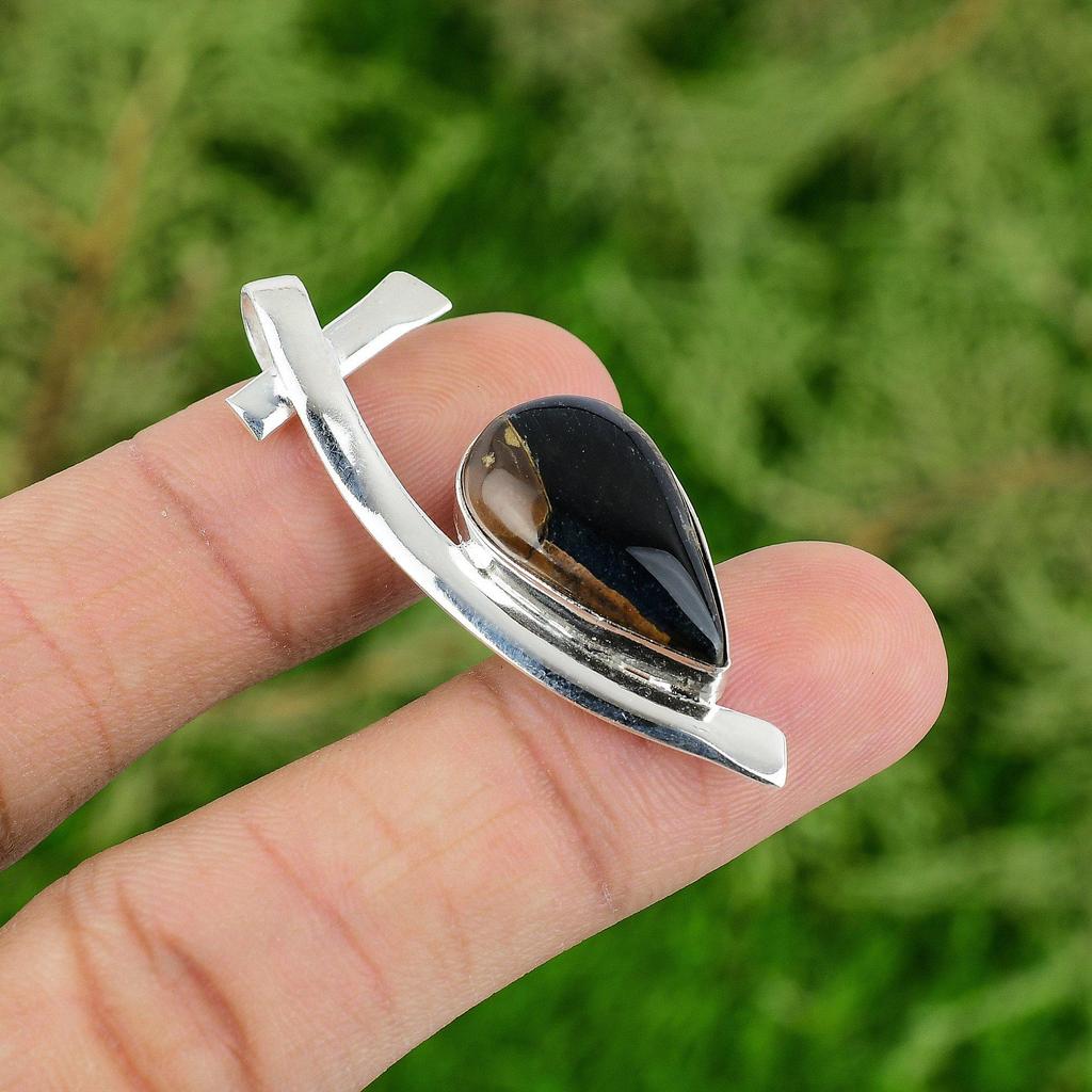 Daughters Day Deal Black Tiger's Eye Gemstone 925 Sterling Silver Bezel Pendant