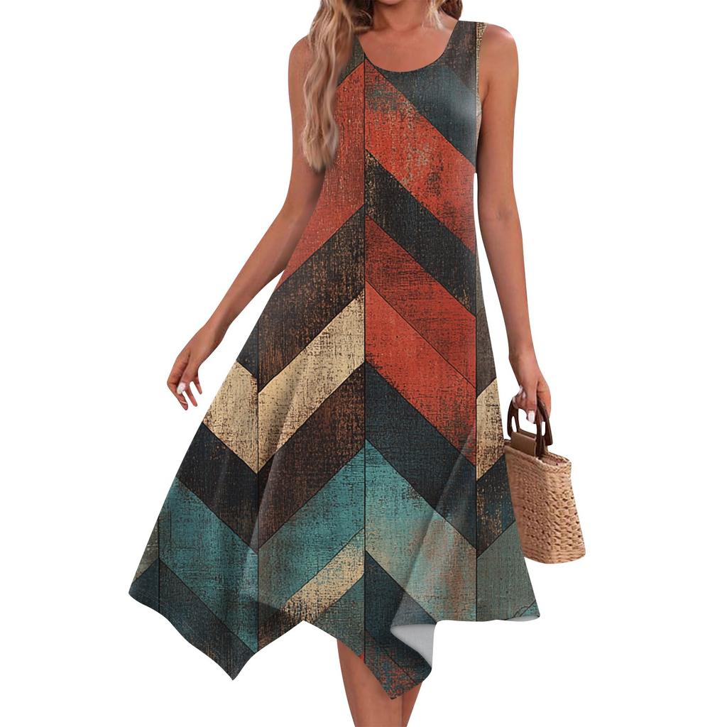 Women's Casual Fashion Round Neck Sleeveless Print Irregular Hem Midi Dress Hem Midi Dress