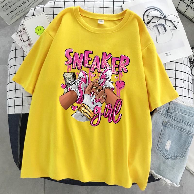 

Дорогие розовые кроссовки для девочек, женская футболка, летние модные дышащие футболки, уличные повседневные топы, хлопковые оверсайз с коротким рукавом 8XL