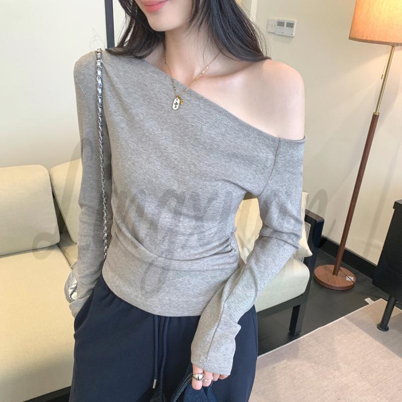 Realistic Photos: Stunning Pink Off-Shoulder Long-Sleeve T-Shirt for Women–Elegant and Stylish New Design L серый
