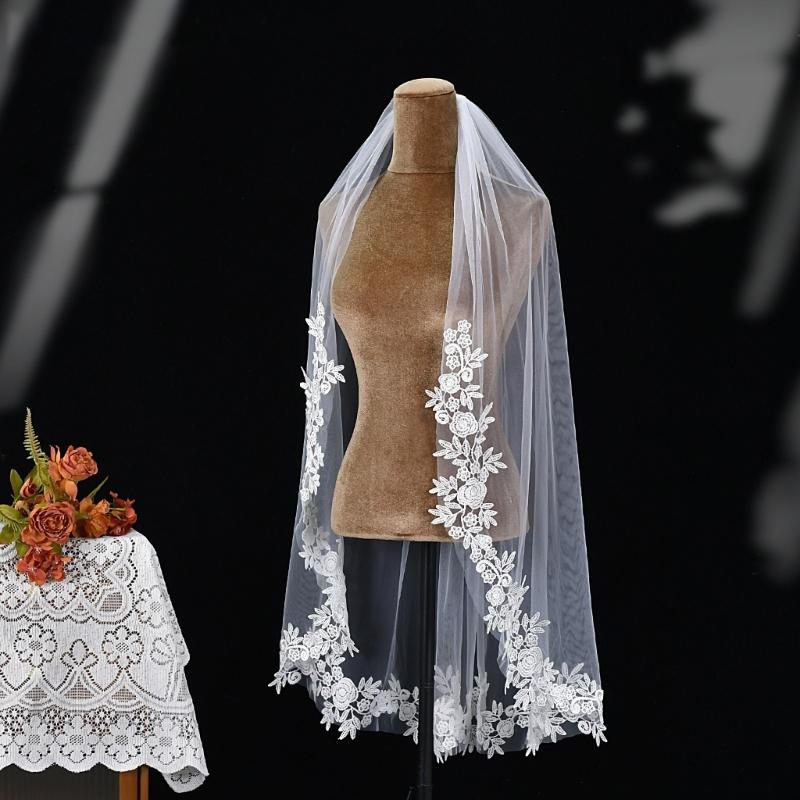 Romance Bridal Veils with Lace Flower Trim and Metal Hair Comb for Wedding Ceremony and Special Event Bride Headpiece