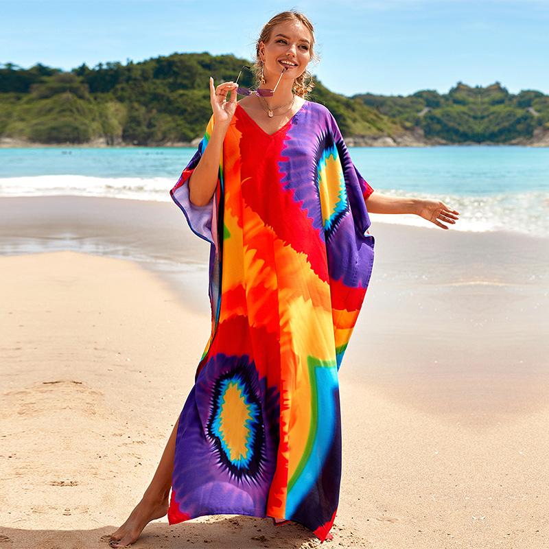 EDOLYNSA Různobarevné Kaftan Bohemian Potištěné Maxi šaty Batwing Sleeve Sleeve Sleeve Women Dámské plážové oblečení Polorukáv Maxi šaty Robe Q1342