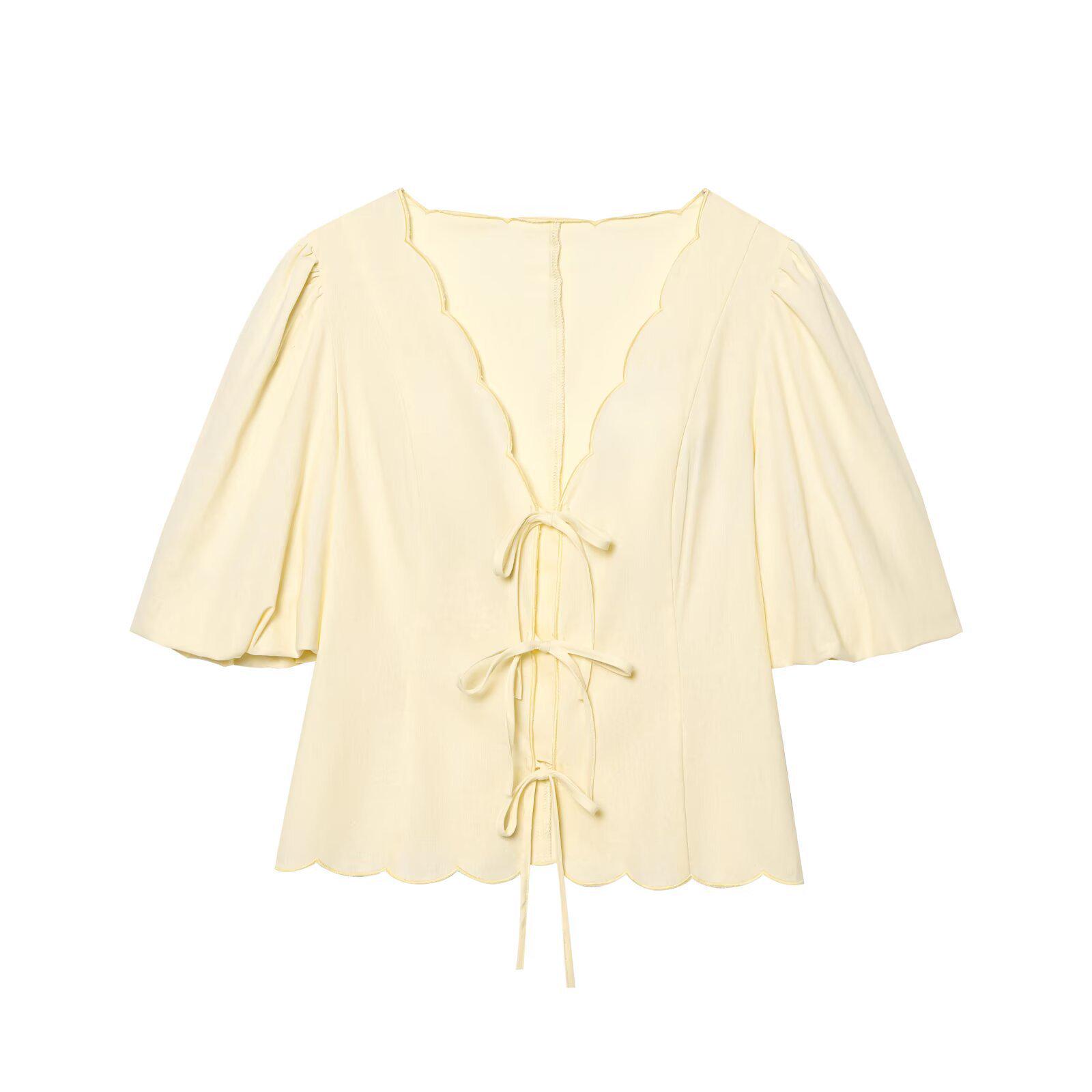 

Европейский и американский женский комплект рубашки с пышными рукавами и повседневных брюк на раннюю весну 2025 года Small