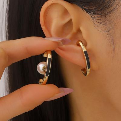 French Oval Large C-Shaped Stud Earrings for Women Elegant Imitation Pearl Geometric Unique Earrings Design Statement Zircon