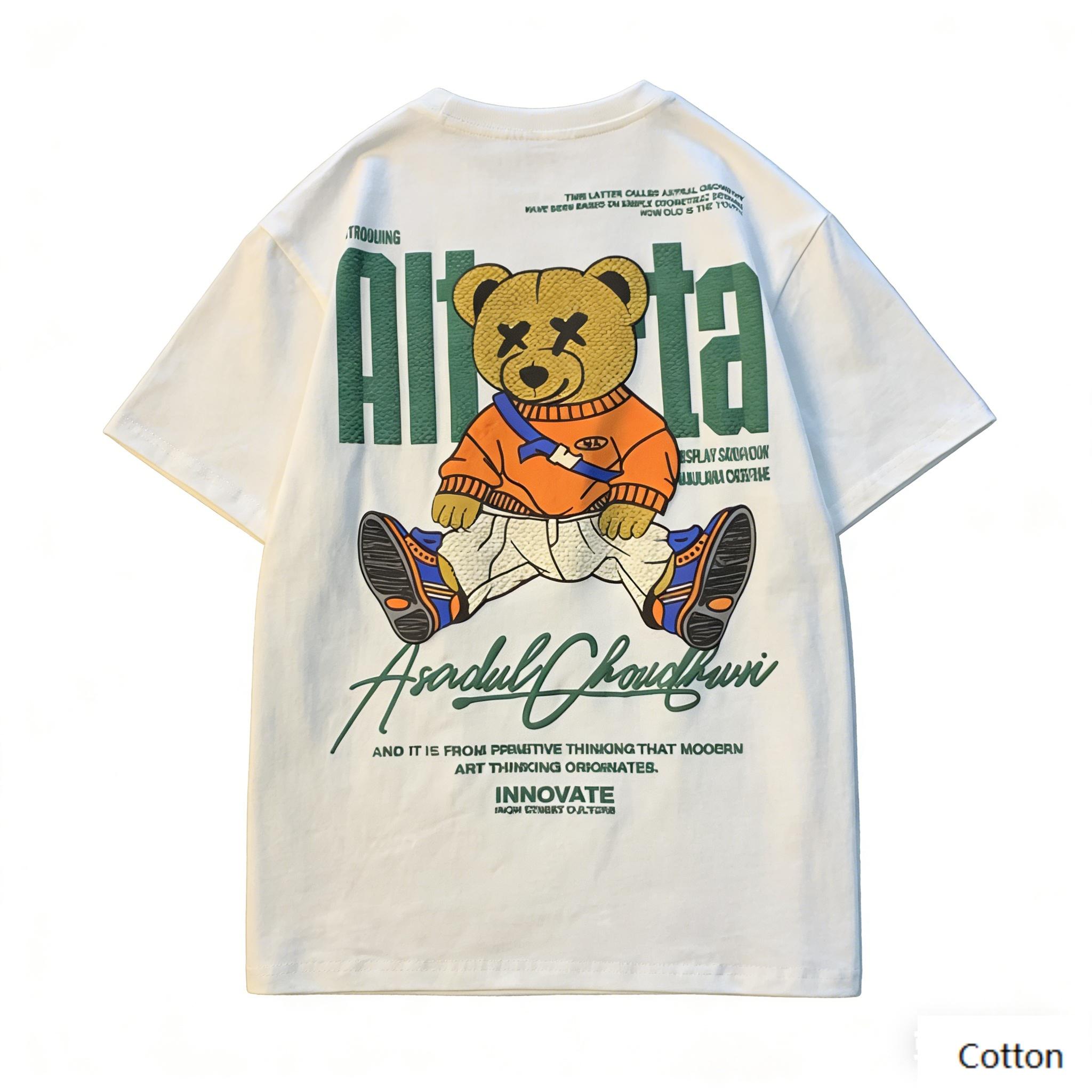 American Street Style Cool Bear Graphic TShirt with Varsity Jacket Print Retro Cotton Tee Aesthetic HipHop Style Unisex Top S