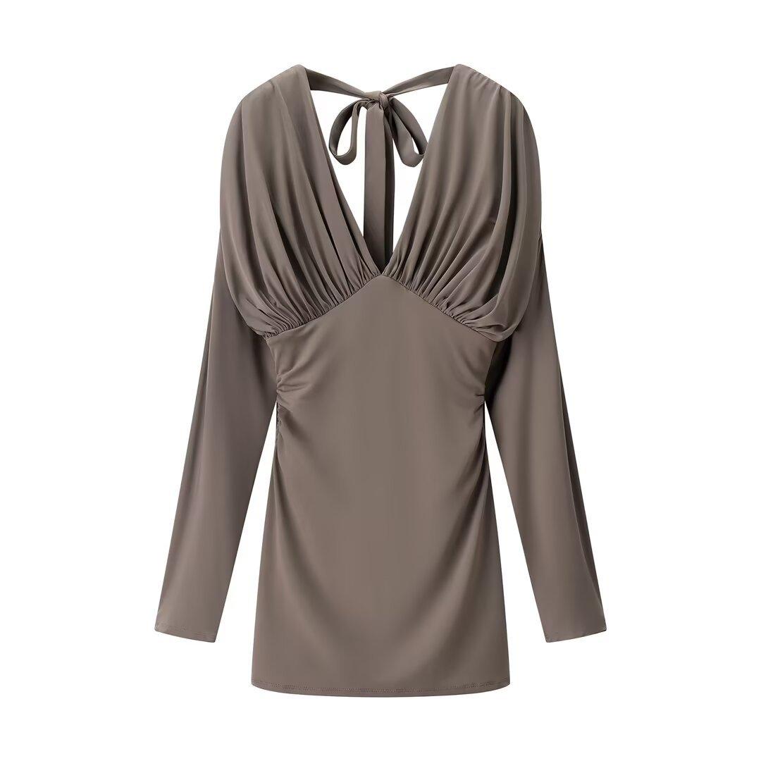 Women s V Neck Long Sleeve Mini Dress Slim Fit Mid Rise Ruched Back Tie Solid Knit Bodycon Dress S