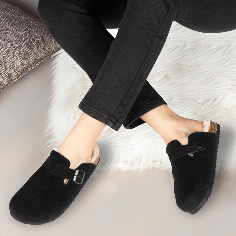 Fashion Shevalues Winter Women's Mules With Adjustable Buckle Leisure Cork Insole Comfortable Clogs Slippers Cow Suede Non-slip Sandals