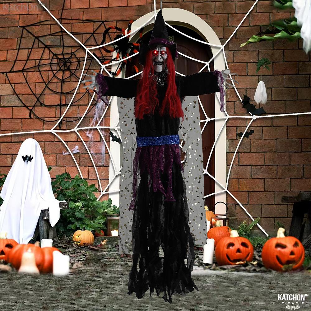 Animated Witch Halloween Decorations Outdoor Indoor Scary Halloween Animatronics Decor Hanging Ghost Talking Sound Activated Led Lights Eyes Haunted