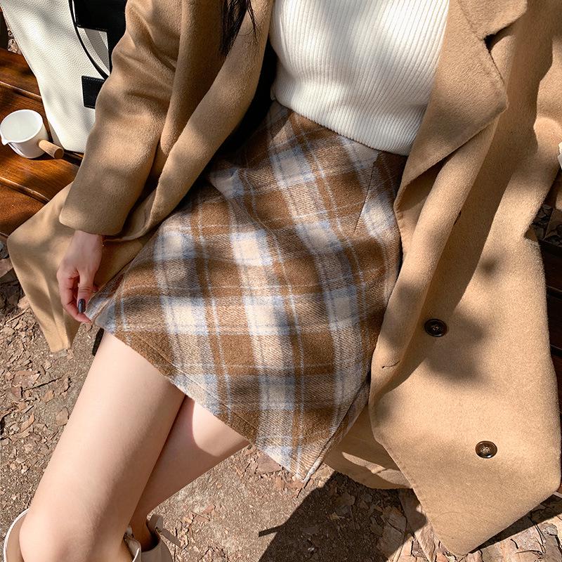 2025 Autumn/Winter Women's High-Waisted Plus Size Yellow Plaid Wool Mini Skirt