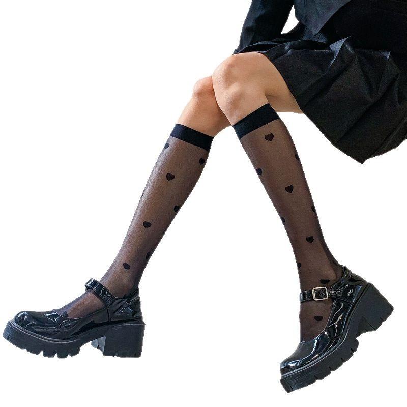 Summer Thin Stockings Transparent Women'S Breathable Versatile Diamond Mid-Tube Socks Black Silk Knee Socks Thin Jk Calf Socks