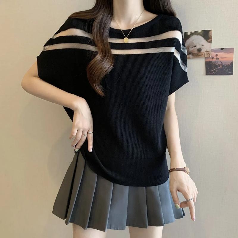 

Женские летние новые топы с круглым вырезом, рукавами «летучая мышь», модные, свободного кроя, вязаные из ледяного шелка, с короткими рукавами XL