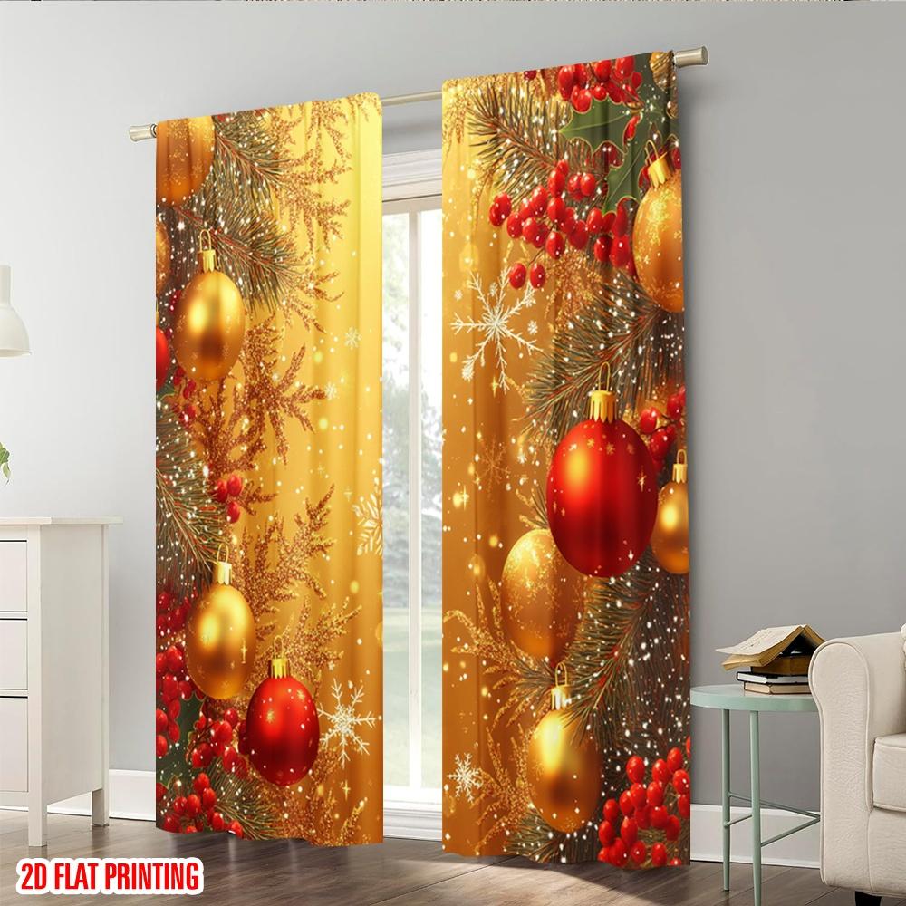 Set Of 2 Plane Printing Creative Curtains Christmas Tree Ornaments Festive Snowflakes Versatile Polyester Fabric Without Rod Curtain Made