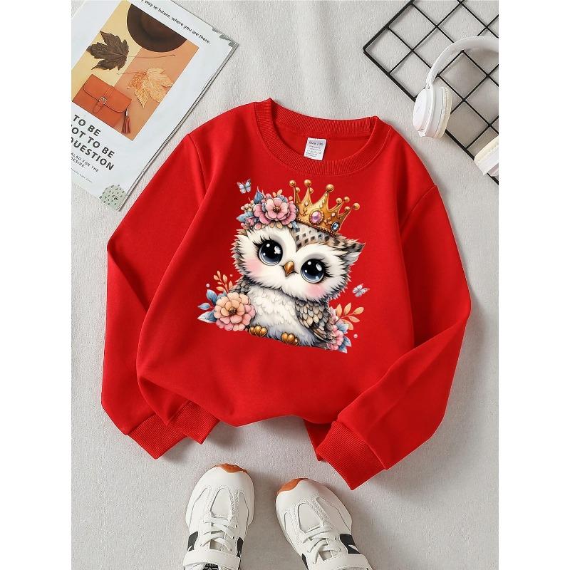 Adorable Sweatshirt Featuring an Owl, Crown, Flowers, And Butterflies, Perfect for Girls' Fashion