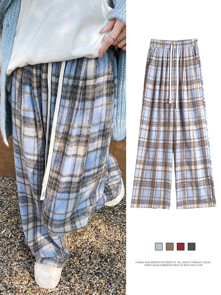 Women's Plaid Velvet-Lined Wide-Leg Pants - Autumn/Winter 2025 Retro Style