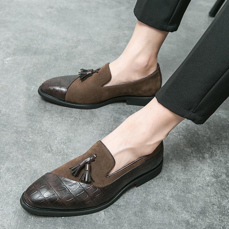 Fashion Britain Retrov New Men Pointed Suede Tassels Patchwork Flats Leather Shoes Casual Loafers Formal Dress Footwear Zapatos Hombre