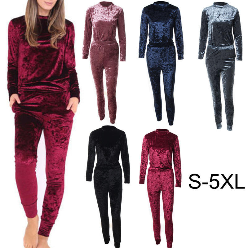Buy Women Velvet Tracksuit Long Sleeve Sportsuit 2 Piece Slim Pants