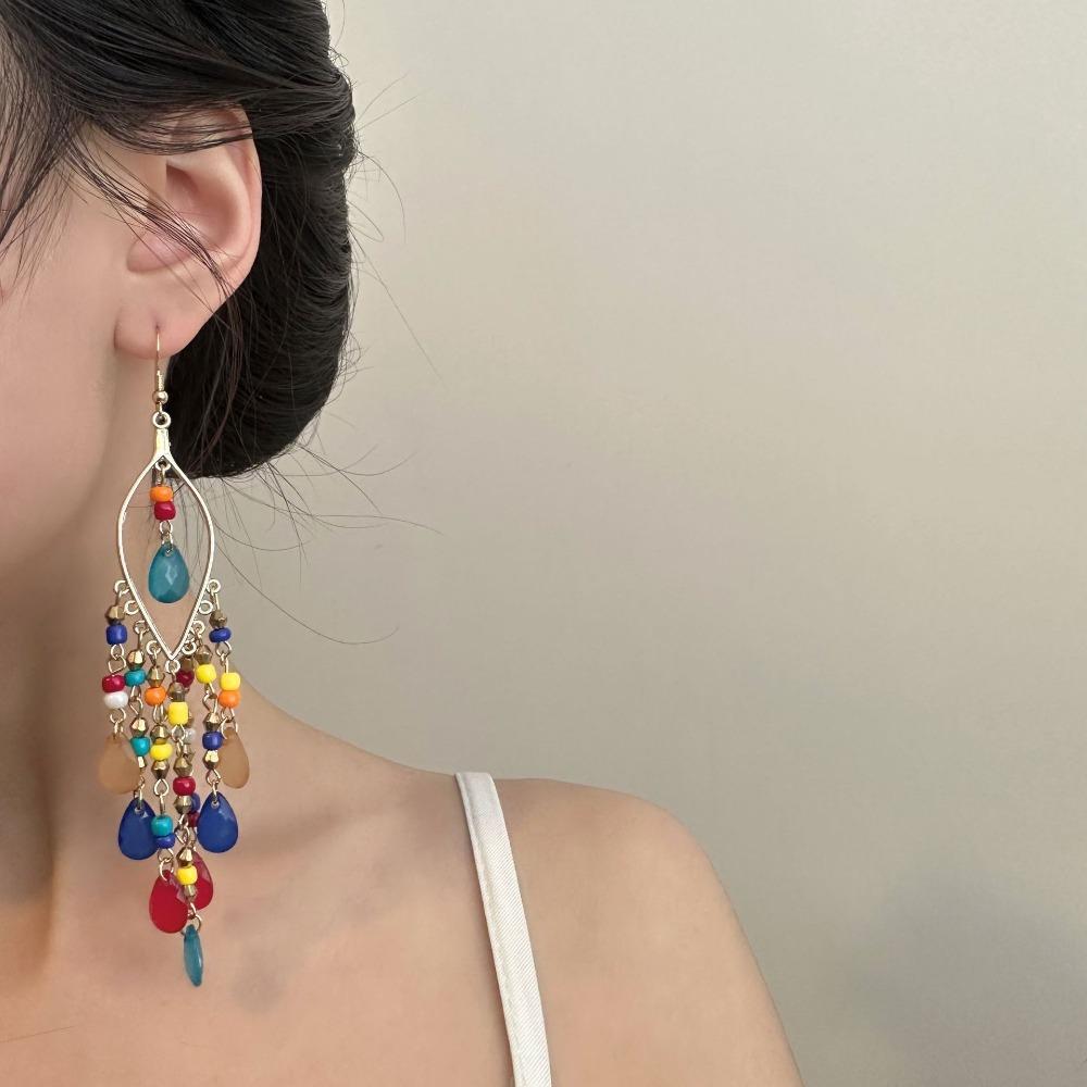 Bohemian Tassel Earrings for Women Colorful Beads Sweet Versatile Style Vacation Retro Color Ethnic Style Earring Accessories
