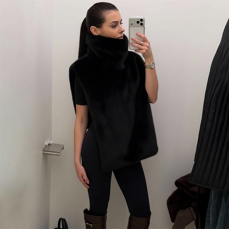 Fashion Faux Fur Sable Vest Crop Top Autumn Winter Turtleneck Eco Mink Fur Tank Tops Sleeveless Jacket Coat