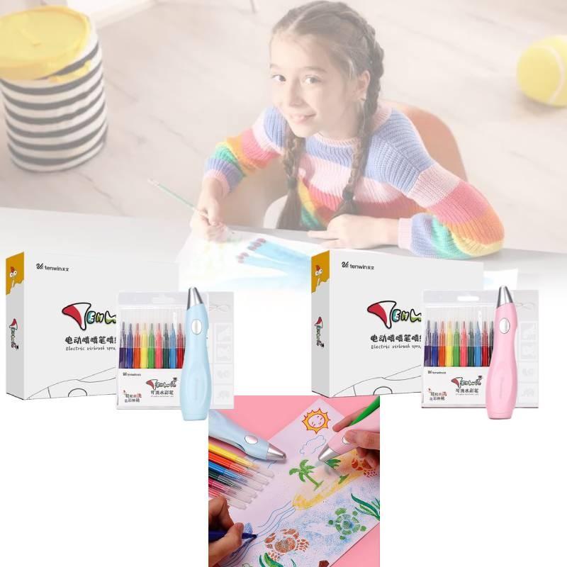 Paint Electric Spray Pen Airbrush Set Children 12 Felt Pens 19 Stencils Drawing