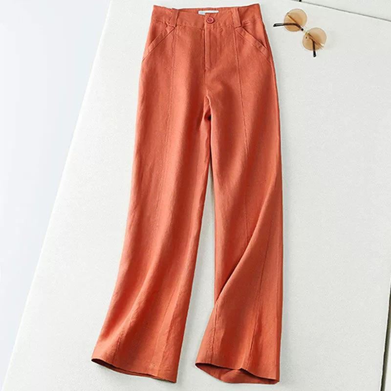 Pantalon Capri en Coton Lin pour Femme Taille Élastique Couleur Unie Coupe Droite