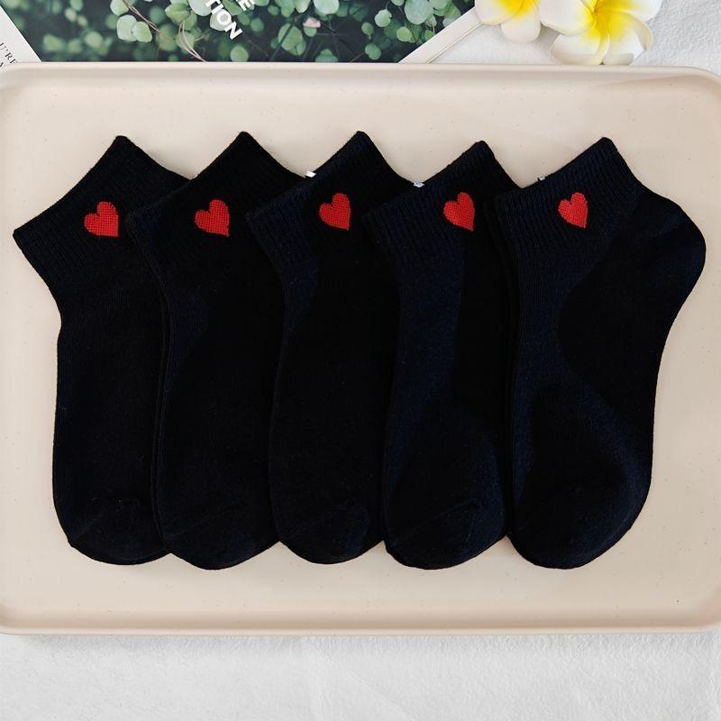 5Pairs Socks Cotton Short Socks Harajuku Novelty Love Heart Pattern Socks Hip Hop Solid Color Cute Socks Black White Sokken Soks