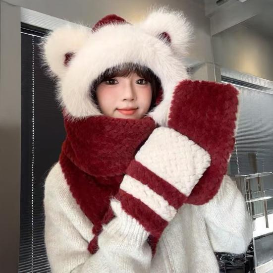 3 in 1 Hat Scarf Gloves Set Bear Ear Decor Thickened Plush Winter Hat Matching Scarf Gloves Function Cold Weather Outfit