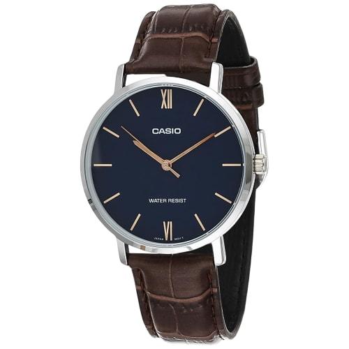 

Casio MTP-VT01L-2B Men s Minimalist Blue Dial Analog Watch with Brown Leather Band, Silver, One Size, Quartz Movement.