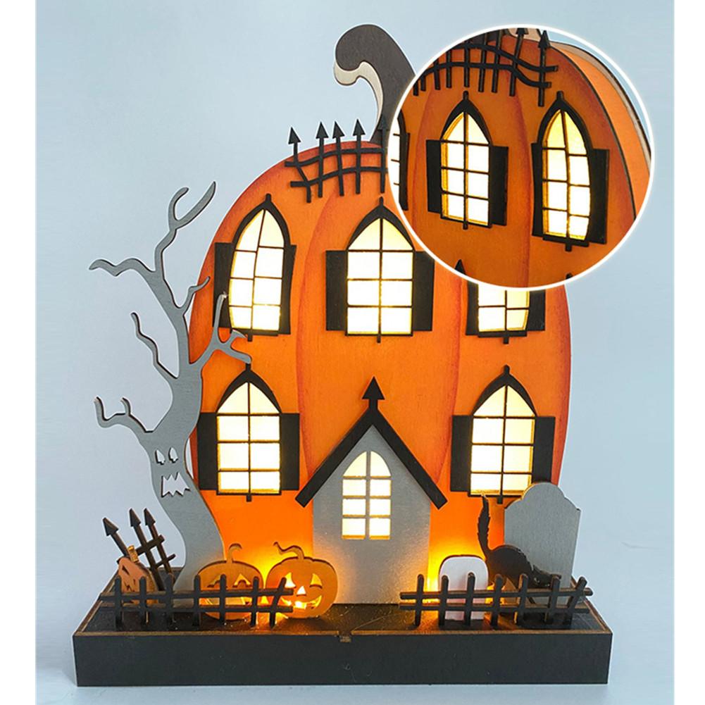 Home Halloween Tabletop Decoration, Lighted Wooden Haunted House Pumpkin Decoration Ornaments, Battery Operated Pumpkin House Ornament Party Supplies