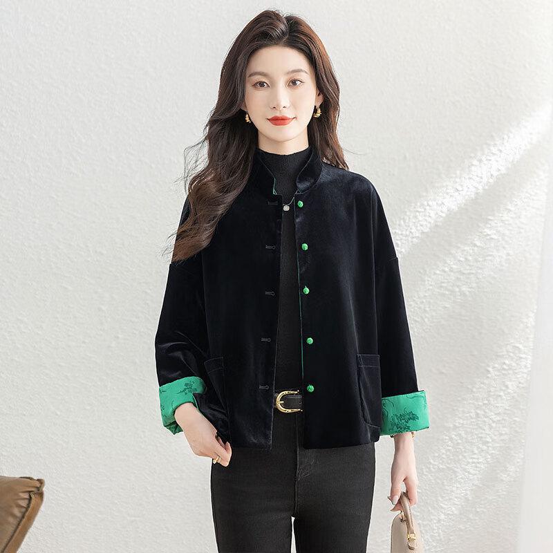 SIBOISHE New Chinese Style Reversible Jacquard Stand-Up Collar Jacket