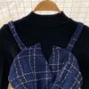 Sweet Two Piece Plaid Tweed Set Women Autumn Winter Base Sweater and Spaghetti Strap Mini Short Dresses Suits