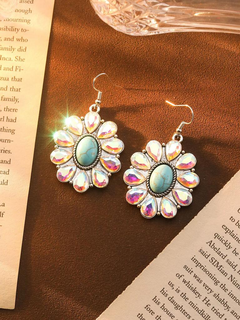 Creative Colored Diamond Earrings, High-End Retro Turquoise Flower Earrings, Bohemian Fashion Earrings.