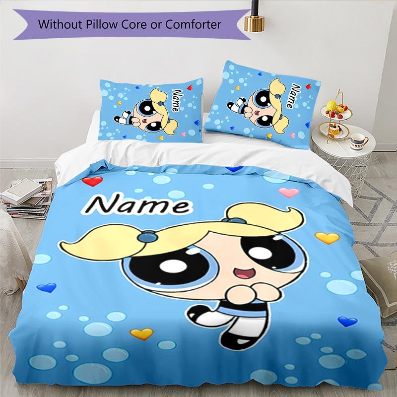 3pcs The Powerpuff Girls5 Cover Set - Personalized Name, HD Printed Bedding with 1 Cover and 2 Pillowcases - Perfect for Home Decor, Easy Care