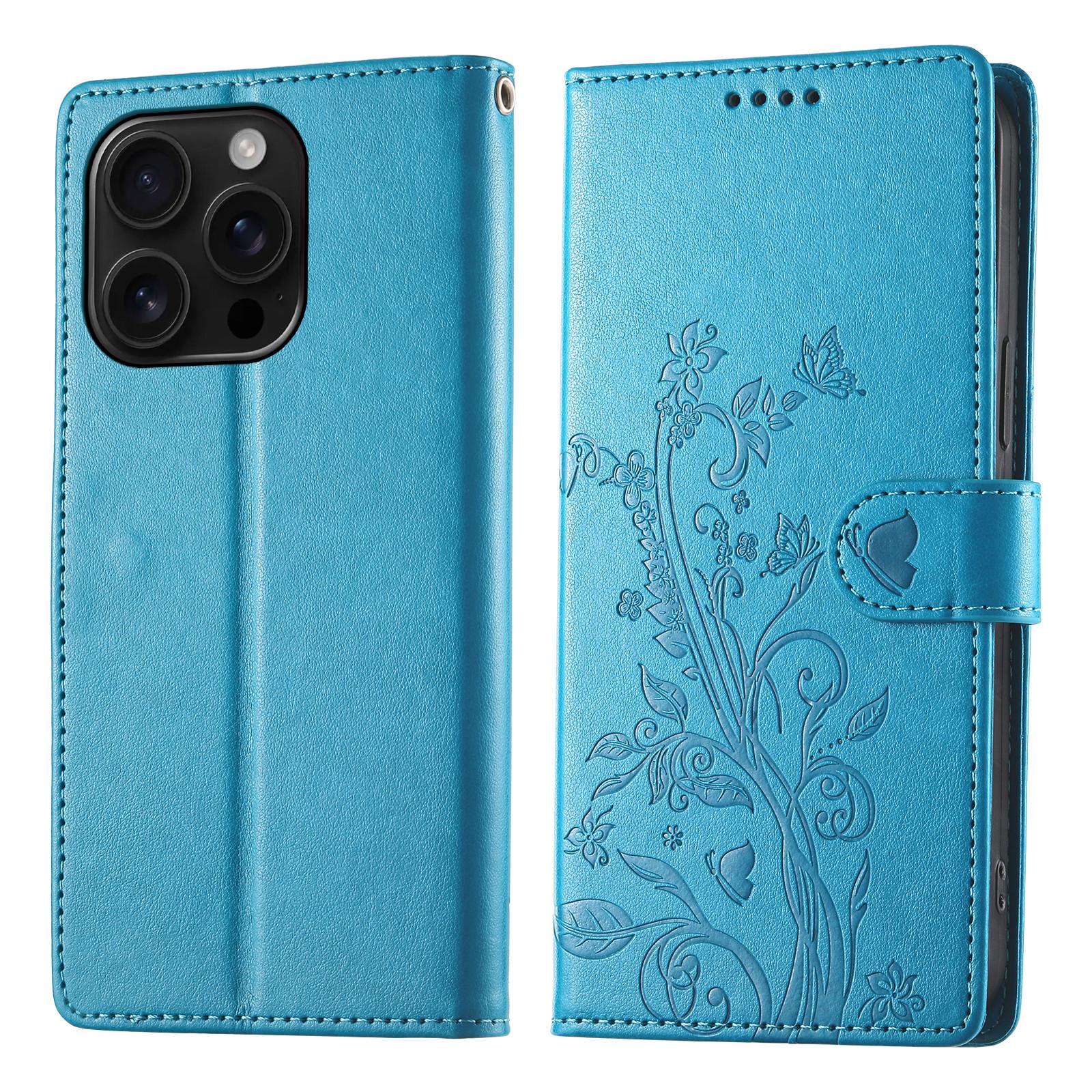 

For iPhone 16 Pro Wallet Case Butterfly Floral Imprint PU Leather Phone Cover with Wrist Strap Blue