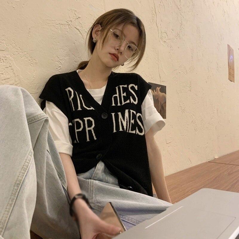Women Knitted Sweater Vest Autumn Korean Style Sweet Waistcoat Jumpers Pullover Tops