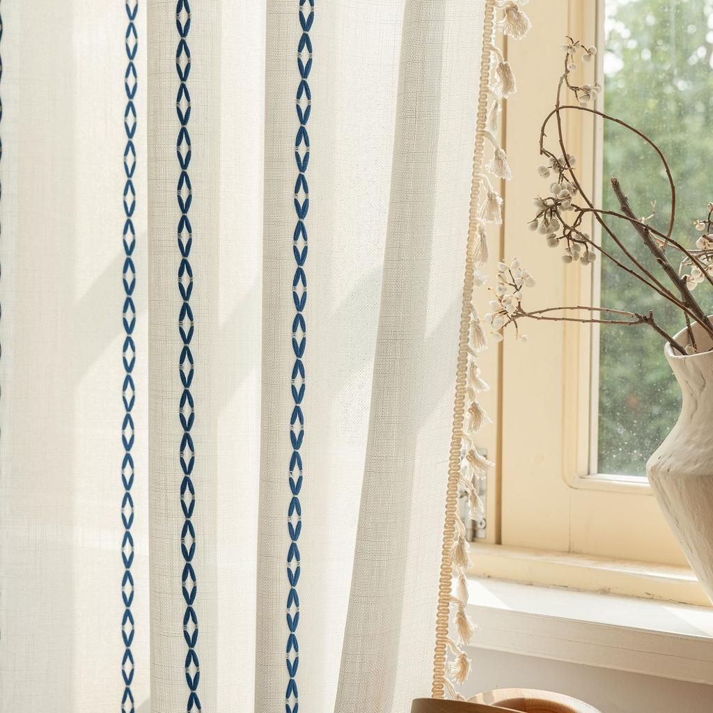 Embroidered Stripes White Partition Bedroom Decoration Bohemian Semi-Blackout Finished Curtains