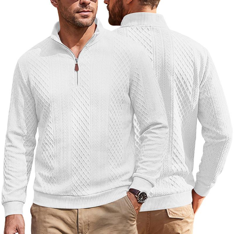 Men's Vintage Diamond Textured Half Zip Pullover Sweatshirt Long Sleeve Polo Collar Casual Top with Leather Zipper Pull Black